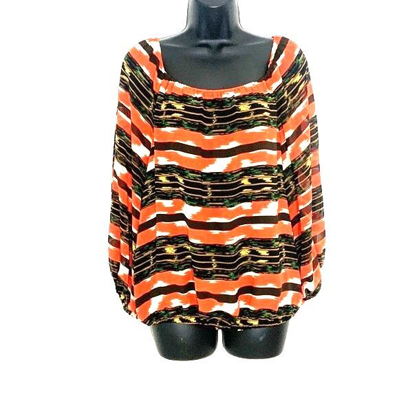 Vince CAMUTO Printed Boho Pattern Off Shoulder Long Sleeve Blouse Brown Medium - Picture 3 of 12